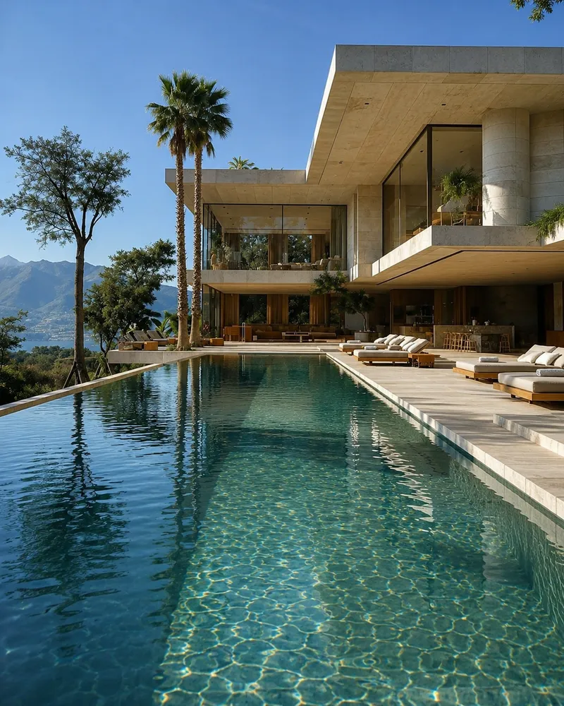 Fachada de residência de alto padrão com piscina de borda infinita e vista para a serra